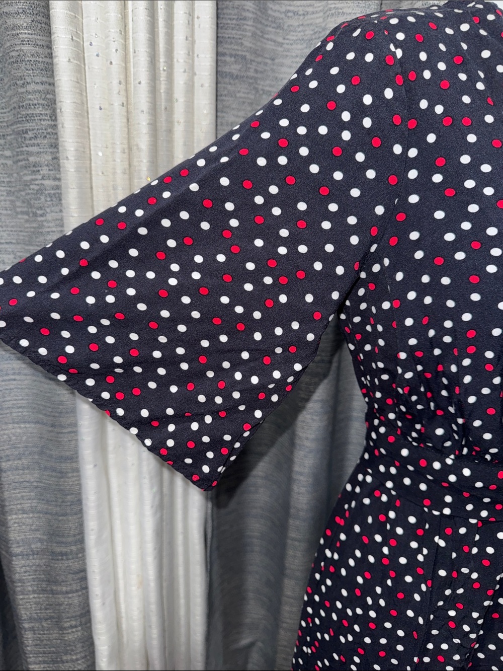 ZARA- Navy Polka Dot Wrap Midi Dress Size: XS - Picture 6 of 15